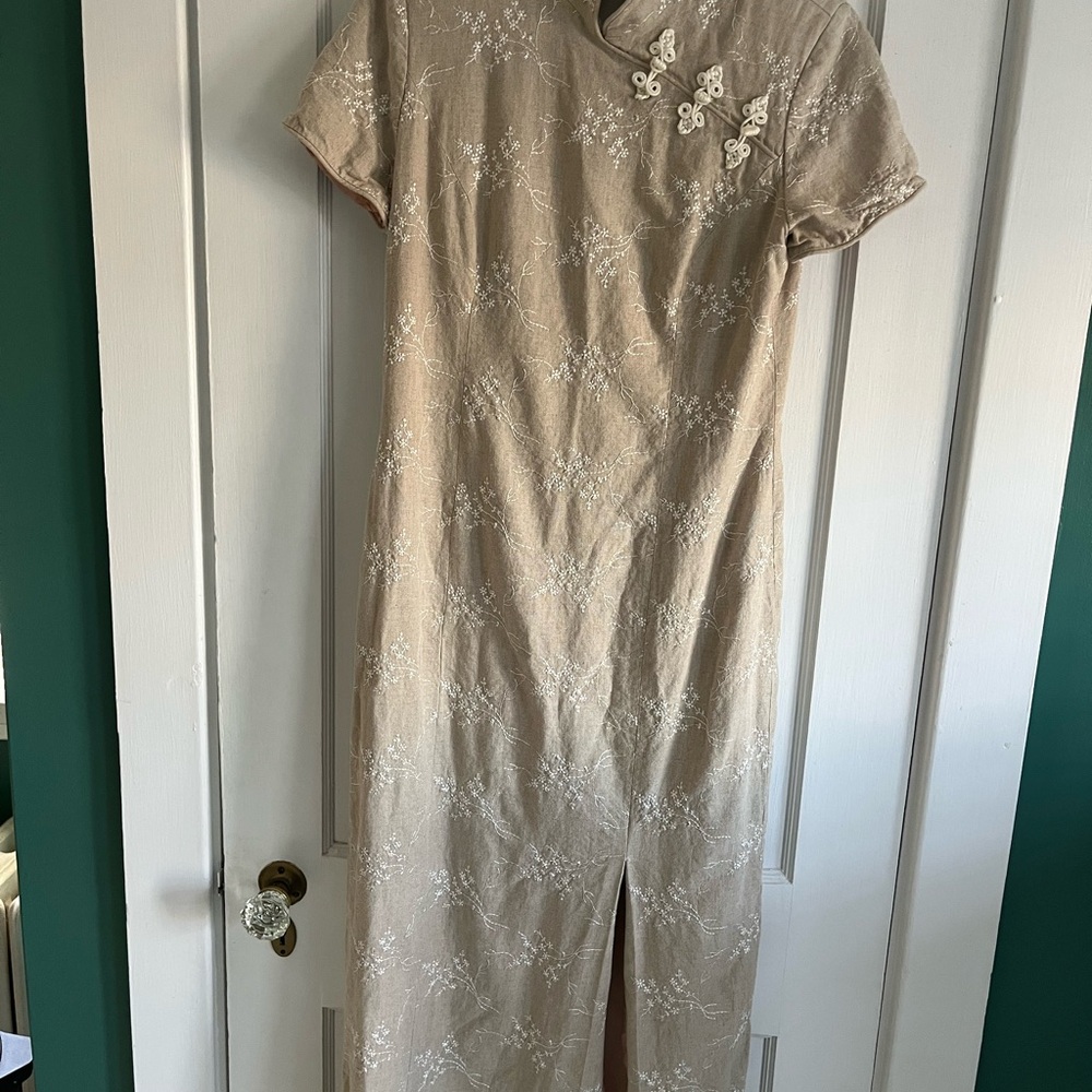 Tan Asian Inspired Dress with Mandarin Collar and Slit